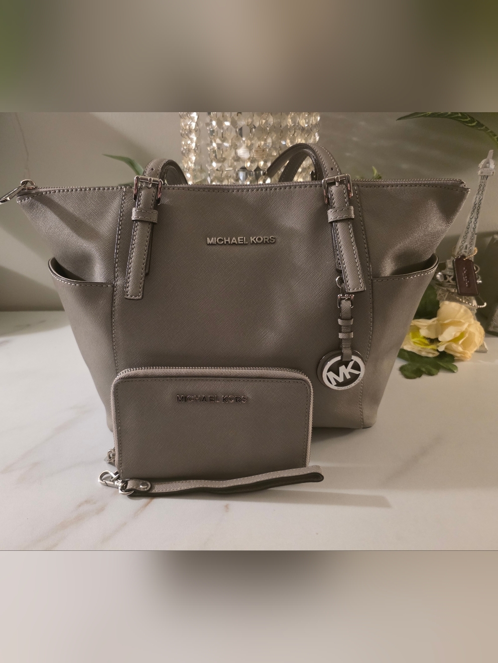 Michael Kors Gray Saffiano Tote with Matching Wallet